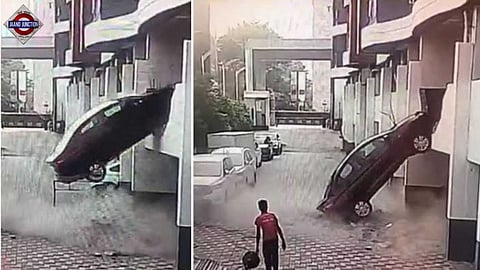 Car crashes through wall, falls from first floor parking of Pune apartment.