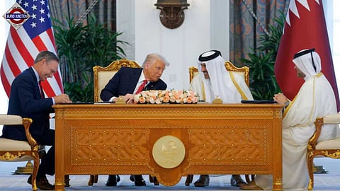 US President Donald Trump, Qatar's Emir Tamim bin Hamad Al Thani and Boeing CEO Kelly Ortberg attend a signing ceremony in Doha, Qatar.
