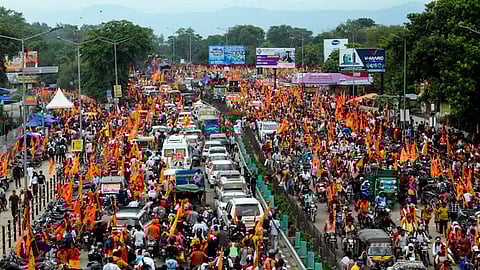 Vehicles stuck in traffic jam due to movement of 'Kanwariyas' on the eve of conclusion of the 'Kanwar Yatra' during the holy month of 'Shravan', on the Delhi- Haridwar Expressway.