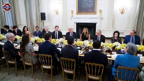 US President Donald Trump and First Lady Melania Trump host a dinner for tech leaders in the State Dining Room at the White House in Washington, DC