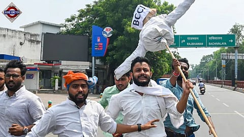 Youth Congress protests against the India-Pakistan Asia Cup cricket match in Lucknow. 
