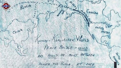 A proposed "Kennedy‑Khrushchev World Peace Bridge" was envisioned to span between Alaska and Siberia, linking the US and USSR as a Cold War‑era symbol of unity.