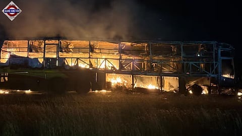 Flames first erupted in the front portion of the bus before spreading rapidly. 