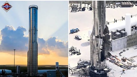 The Super Heavy booster before and after the explosion.