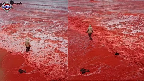 A bloo-red Hormuz island seen in a video viral on social media. 