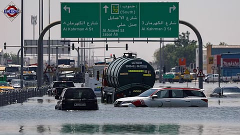 Cars are stranded in flood water on a blocked highway following heavy rainfall in Dubai.