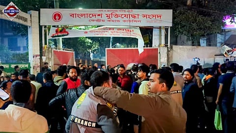 Dhaka: People gather outside the Freedom Fighters Parliament office after a powerful crude bomb explosion rocked the capital amid continuing violence across several parts of the country.