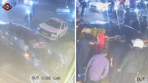 The incident was caught on CCTV camera showing pedestrians narrowly escaping the speeding car. 