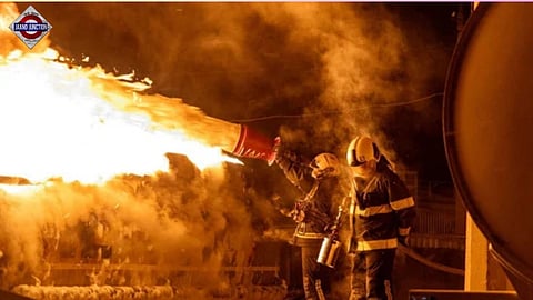 Firefighters work at the site of a drone and missile strike amid Russia's attack in Kyiv, Ukraine.
