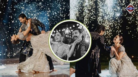 Rashmika Mandanna dazzles in a champagne-gold lehenga at her sangeet with Vijay Deverakonda