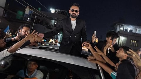 Balen Shah aka Balendra Shah celebrating with supporters after defeating Nepalese Prime Minister KP Sharma Oli