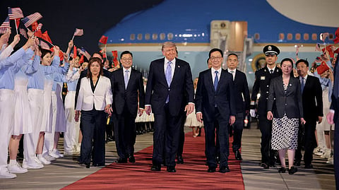 US President Donald Trump participates in an arrival ceremony at Beijing Capital International Airport during his visit to the country, in Beijing, China. 