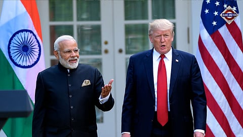 US President Donald Trump and Indian Prime Minister Narendra Modi step into the Rose Garden.