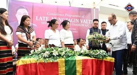Manipur Chief Minister Yumnam Khemchand pays his last respects to former BJP MLA Vungzagin Valte during his funeral in Churachandpur.