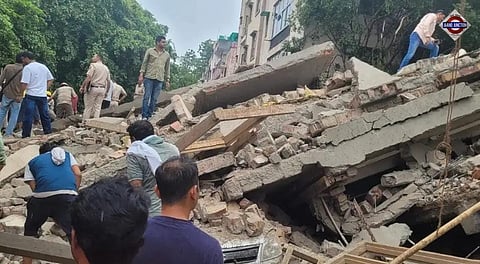 Rescue teams conduct search operations after an under-construction building collapsed in Delhi's Rohini Sector 16, with several people feared trapped beneath the debris.