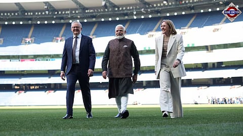 Australian Prime Minister Anthony Albanese, Indian Prime Minister Narendra Modi, and Premier of Victoria Jacinta Allan walk across the Melbourne Cricket Ground (MCG) in Melbourne. 