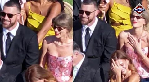 Taylor Swift and Travis Kelce make their first public appearance as a married couple, smiling together at a wedding celebration in California.