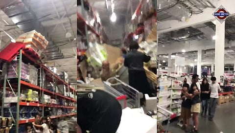 Emergency responders carry out rescue operations at an Aeon Mall in Japan's Kumamoto Prefecture after a powerful earthquake triggered an explosion and partial building collapse, leaving several people trapped.