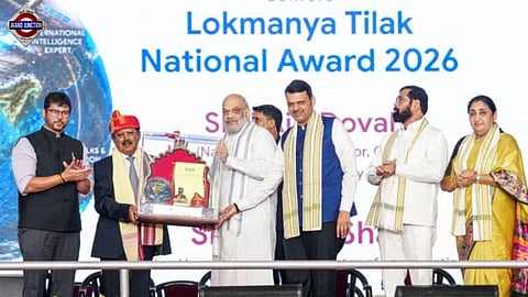 Union Home Minister Amit Shah felicitates NSA Ajit Doval during Lokmanya Tilak National Award 2026 ceremony, in Pune. 