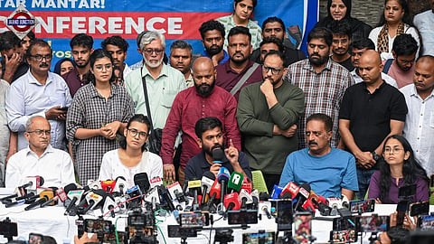 CJP's Abhijeet Dipke in New Delhi on Thursday with AISA chief Neha Bora, actor Prakash Raj and others.