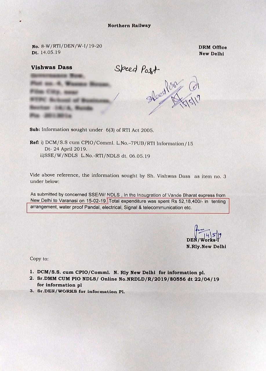 மோடி கலந்துகொண்ட 'வந்தே பாரத்' ரயிலின் தொடக்க ஓட்ட விழாவுக்கு  ரூ.52 லட்சம் செலவு