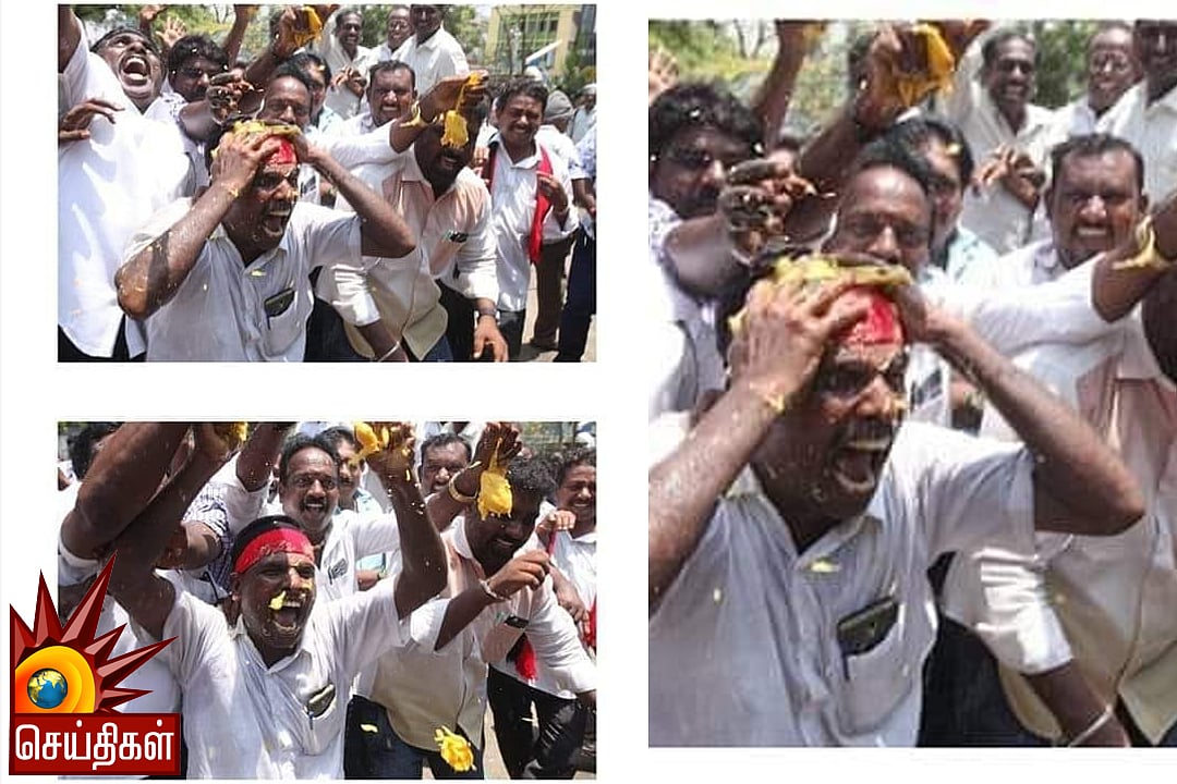 மாம்பழத்தை நசுக்கி தூக்கி எறிந்த தி.மு.க. தொண்டர்கள் : அறிவாலயத்தில் ஆனந்தம் !