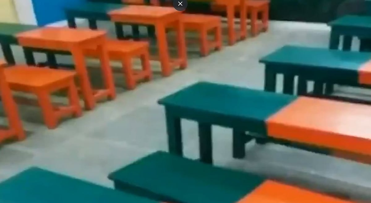 பா.ஜ.க கொடி வண்ணம் பூசப்பட்ட  அரசு பள்ளி இருக்கைகள்! கடும் எதிர்ப்பை அடுத்து அகற்றம்