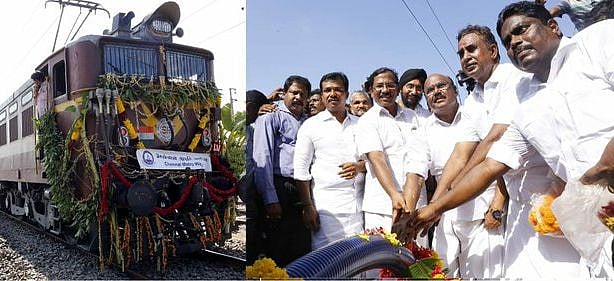 ரயிலில் சென்னை வந்த தண்ணீர்  அமைச்சர்கள் வருகைக்கு நிறுத்தி வைப்பு - பப்ளிசிட்டிக்காக அட்டூழியம்     