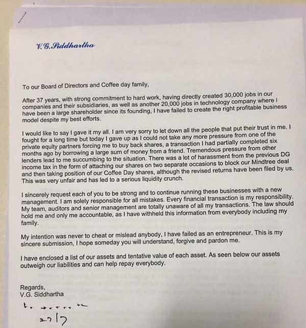 “ஒரு தொழிலதிபராக நான் தோற்றுவிட்டேன்” : கர்நாடக முன்னாள் முதல்வரின் மருமகன் கண்ணீர் கடிதம்