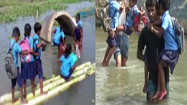 மழை வெள்ளத்தில் அடித்துச் செல்லப்பட்ட பாலம் : வாழை மரத்தில் படகு செய்து பள்ளி செல்லும் குழந்தைகள் (video)