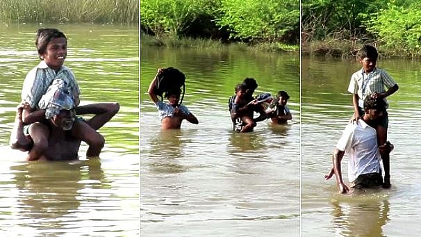 மாற்றுச் சீருடையுடன் இடுப்பளவு நீரில் மூழ்கி பள்ளிக்குச் செல்லும் மாணவர்கள் - நாகை அருகே அவலம்!