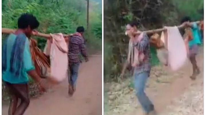 நோயால் பாதிக்கப்பட்ட இளைஞரை 12 கி.மீ தூரம் தொட்டில் கட்டித் தூக்கிச் சென்ற மக்கள் : ஆந்திராவில் அவலம்!