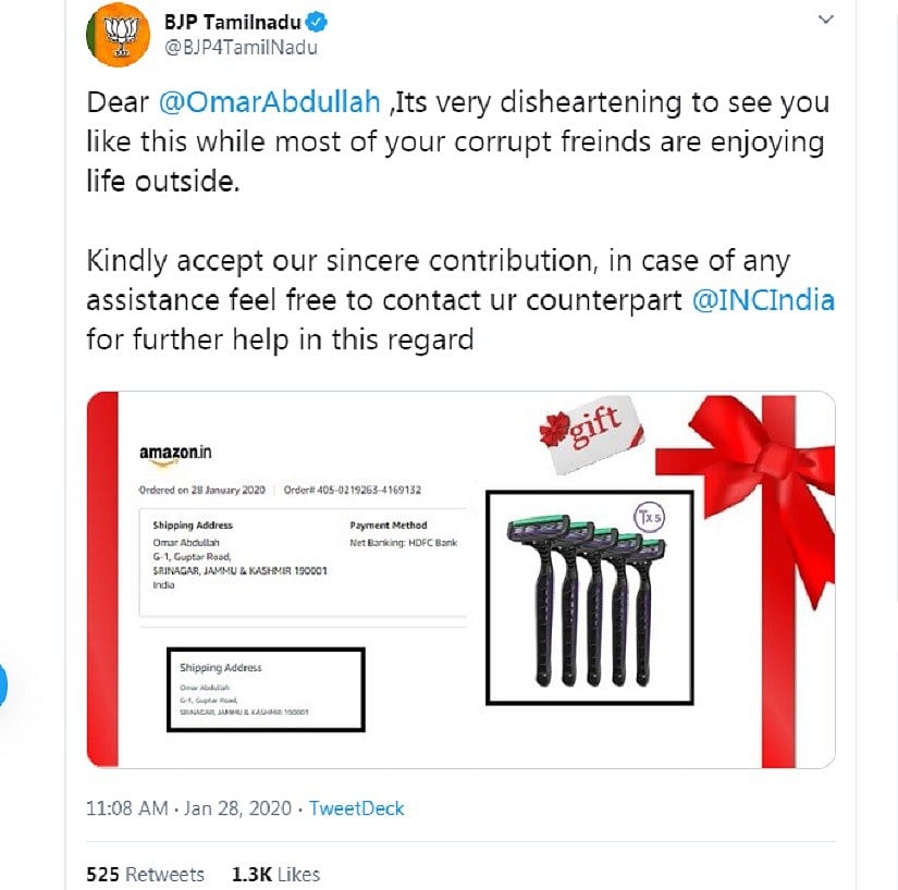 உமர் அப்துல்லாவுக்கு ஷேவிங் ரேசர் அனுப்பி வாங்கிக்கட்டிக் கொண்ட தமிழக பா.ஜ.க!