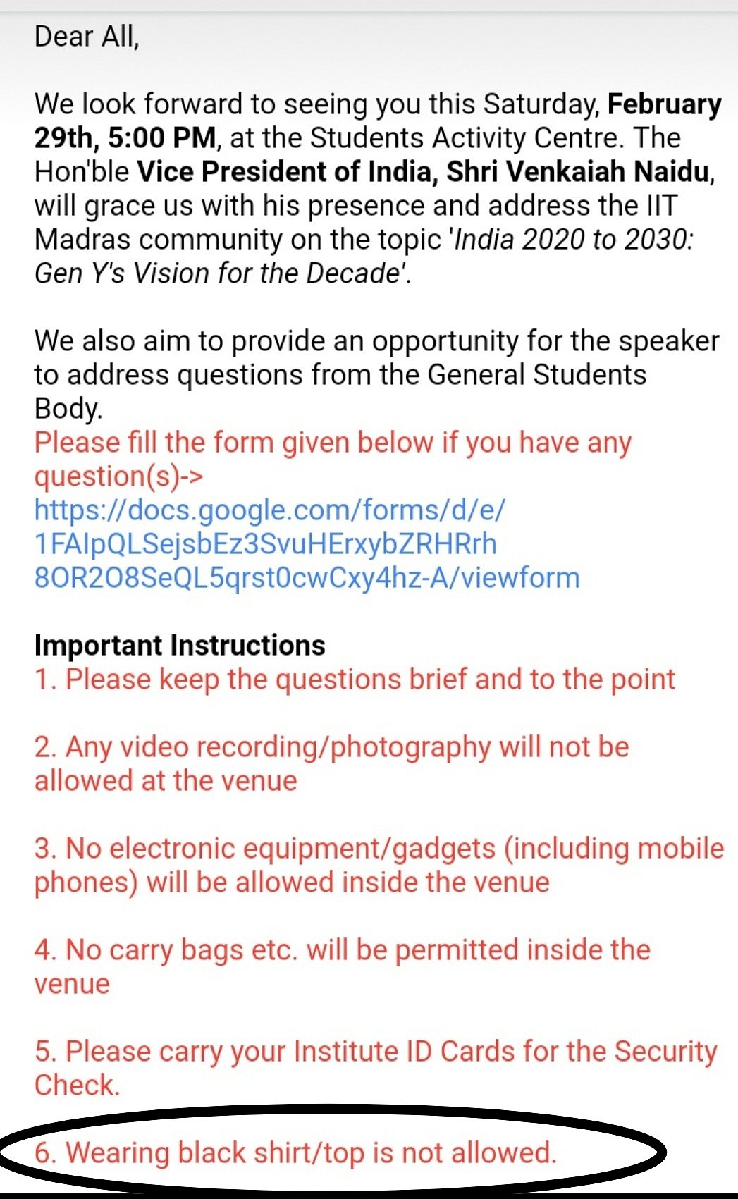 “மாணவர்கள் கறுப்புச் சட்டை அணிய தடை” - வெங்கையா நாயுடு நிகழ்ச்சிக்காக சென்னை ஐ.ஐ.டி புது விதி!