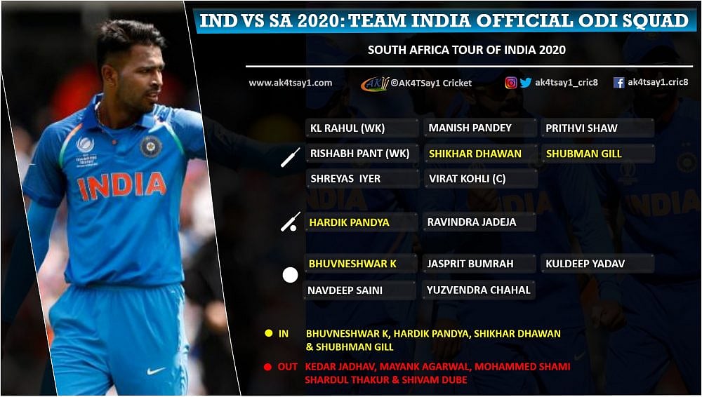 INDvsSA ODI: மீண்டும் அணிக்கு திரும்பிய ஹர்திக், தவான் - கேள்விக்குறியாகும் கேதார் ஜாதவின் நிலை?