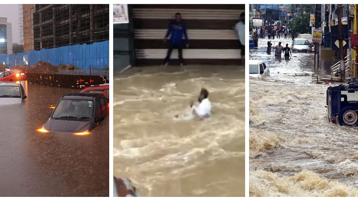 மழை வெள்ளத்தில் ஒருவர் அடித்துச் செல்லப்படும் நெஞ்சைப் பதறவைக்கும் காட்சி... ஐதராபாத்தின் மோசமான நிலை..!