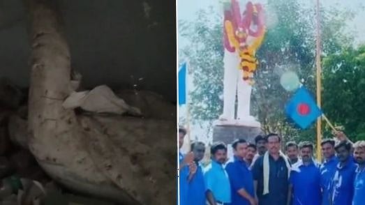 கரூரில் குப்பைக்கூளத்தினிடையே கிடக்கும் அம்பேத்கர் சிலை : கொந்தளித்த தந்தை பெரியார் திராவிடர் கழகத்தினர்!