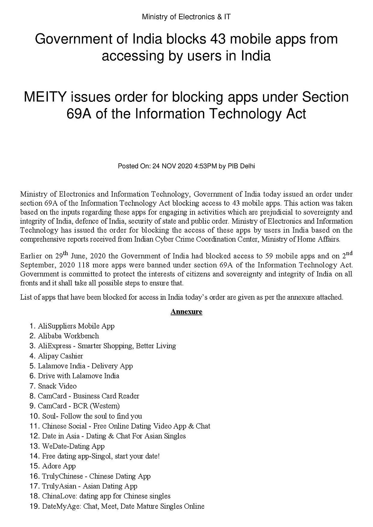 டிக் டாக், லுடோ, பப்ஜியை தொடர்ந்து மேலும் 43 சீன செயலிகளுக்கு தடை விதிப்பு - அரசாணை வெளியீடு!
