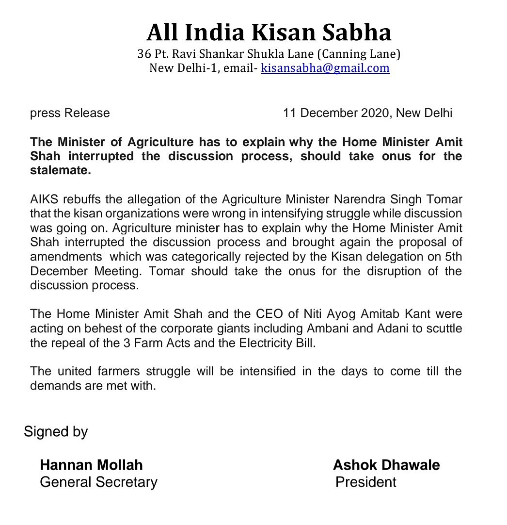 “அரசுடனான பேச்சுவார்த்தை தடைபட்டதற்கு அமித்ஷாவே காரணம்” - விவசாயிகள் சங்கம் குற்றச்சாட்டு!