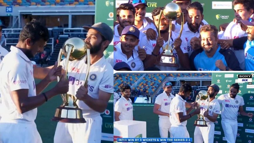 #BorderGavaskarTrophy: கோப்பையை நடராஜனிடம் கொடுத்து கவுரவித்த கேப்டன் ரஹானே! #GabbaTest (Album)