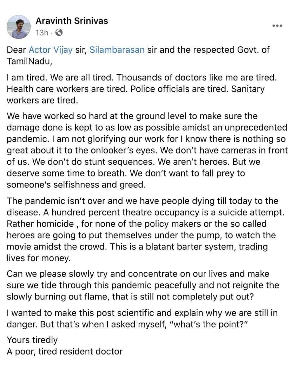 “100% தியேட்டர்கள் செயல்பட அனுமதித்தது தற்கொலைக்கு சமம்”: எடப்பாடியின் அறிவிப்பால் கொதிக்கும் மருத்துவர்!