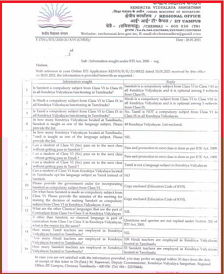 KV பள்ளிகளில் முற்றிலும் புறக்கணிக்கப்பட்ட தமிழ் மொழி.. ஒரு தமிழ் ஆசிரியர் கூட இல்லை - RTI மூலம் அம்பலம்!