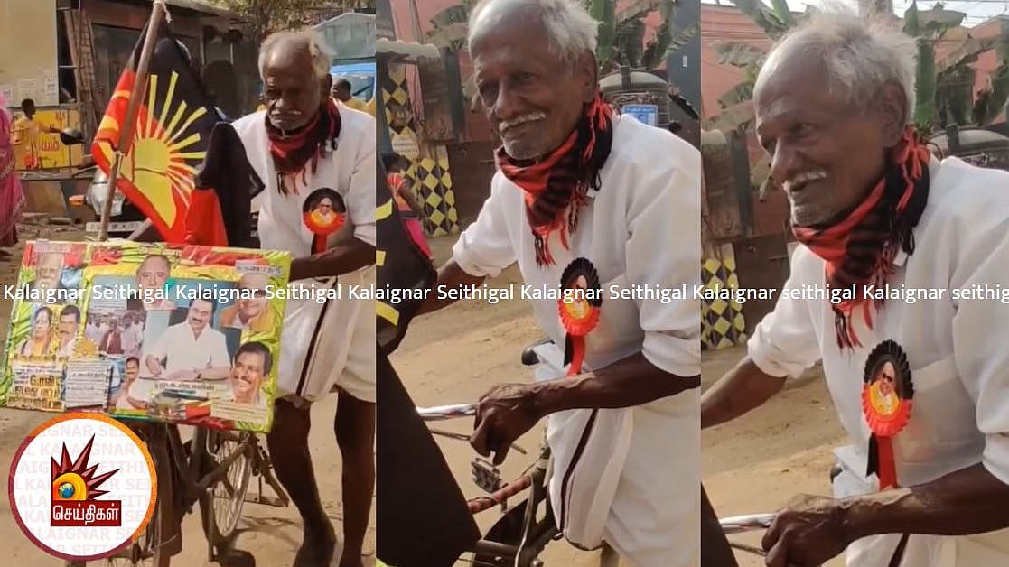 “சின்ன ஒலிப்பெருக்கி, திமுக பாடல்கள், அதிமுக அவலங்கள்” -தள்ளாத வயதிலும் தினசரி பிரசாரம் செய்யும் முதியவர்