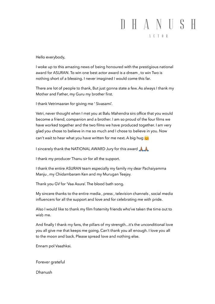 மீண்டும் தேசிய விருது : அடுத்து என்ன எழுத போறீங்க வெற்றி? - நடிகர் தனுஷ் திறந்த மடல்!