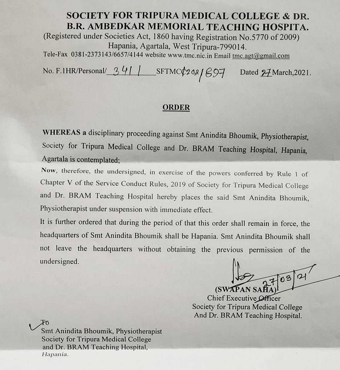 “திரிபுராவில் ஊழலைக் கேள்வி கேட்ட அரசு மருத்துவர் பணியிடை நீக்கம்” : பா.ஜ.க ஆட்சியின் நடந்த அராஜகம் !