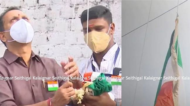 “தேசியக்கொடியை தலைகீழாக ஏற்றிய பா.ஜ.க தலைவர்” : இதுதான் உங்க தேசபக்தியா? - வறுத்தெடுக்கும் நெட்டிசன்கள் !