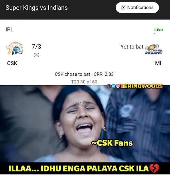 CSK vs MI : ”ரெண்டு கிலோ BP மாத்திரை குடுங்க” - மீம்ஸ் போட்டு ஆதங்கத்தை கொட்டித் தீர்க்கும் ரசிகர்கள்!