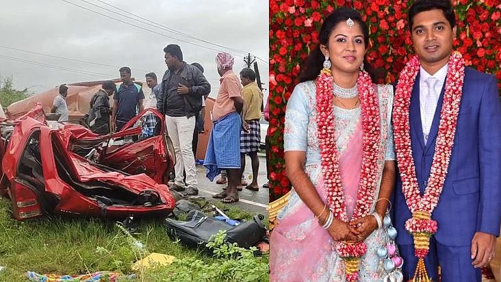 கட்டுப்பாட்டை இழந்து கார் மீது கவிழ்ந்த சரக்கு லாரி: திருமணமாகி 4 நாள் ஆன புதுமண தம்பதி உடல் நசுங்கி பலி!