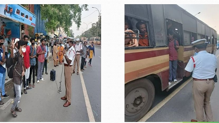 பேருந்து படிக்கட்டில் பயணிக்கும் மாணவர்கள்.. தொடர் விழிப்புணர்வில் டிராஃபிக் போலிஸார்.. குவியும் பாராட்டு