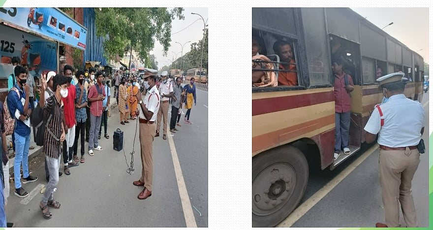 பேருந்து படிக்கட்டில் பயணிக்கும் மாணவர்கள்.. தொடர் விழிப்புணர்வில் டிராஃபிக் போலிஸார்.. குவியும் பாராட்டு